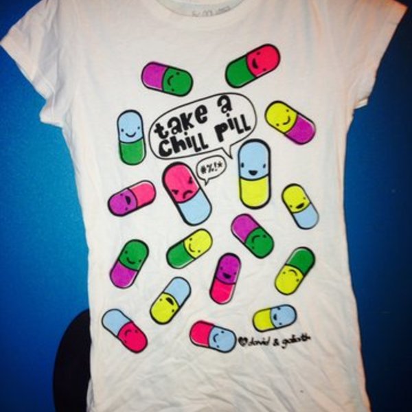 Take a chill pill tshirt s/m or 10/12 uk david and Goliath  is being swapped online for free