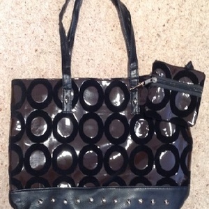 PVC Brown/ Black Studded Shopper Bag, with purse.  is being swapped online for free