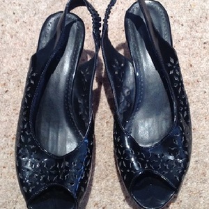 Black PVC Peep Toe Wedges, UK Size 4. is being swapped online for free