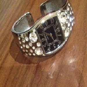 Crystal/ Gem Bangle Fashion Watch - one size, silver and black.  is being swapped online for free