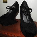 Black Velvet Heel Less Mary Jane Curved Wedge, Size 7 is being swapped online for free
