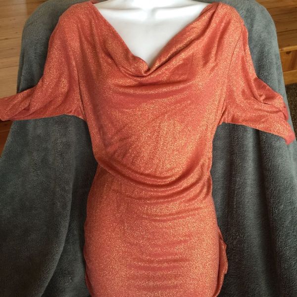 Limited Coral / Gold shimmer cowl neck top XL is being swapped online for free