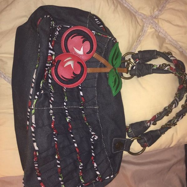 BETSEY JOHNSON BETSEYVILLE BLACK DENIM RUFFLED CHERRIES SATCHEL BAG is being swapped online for free