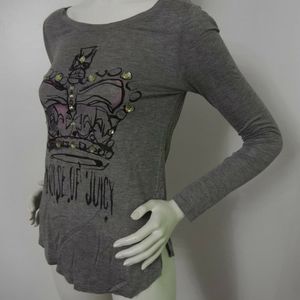 Juicy Couture Gray Crown Print Shirt with Rhinestones XS EUC is being swapped online for free