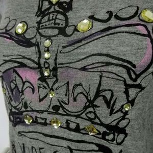 Juicy Couture Gray Crown Print Shirt with Rhinestones XS EUC is being swapped online for free
