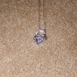 Silver double hearted necklace with 1 diamond. Saying that I love you to the Moon and Stars! is being swapped online for free