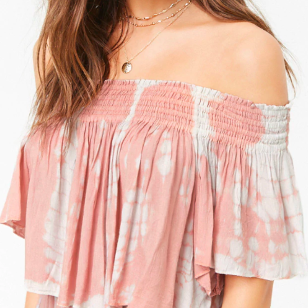 Off the Shoulder Pink and White Flowy Crop Top is being swapped online for free