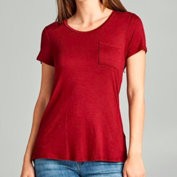 Dark Red Scoop Neck Flowy Tee with a Pocket is being swapped online for free