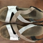 Hush puppy type shoes, 2 inch wedge, white, tan, and black straps, comfortable, size 7.5 is being swapped online for free