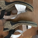 Hush puppy type shoes, 2 inch wedge, white, tan, and black straps, comfortable, size 7.5 is being swapped online for free