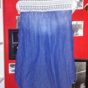 Mudd Sleeveless Blue Jean Top with Crocheted Panel - Size Large is being swapped online for free