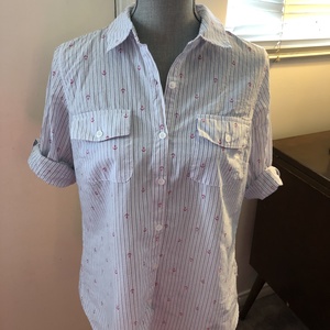 NEW Cotton Anchor Stripe Tabbed Sleeve Blouse - Medium is being swapped online for free
