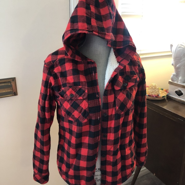 Red Plaid Flannel Sherpa Hoodie - SMALL is being swapped online for free