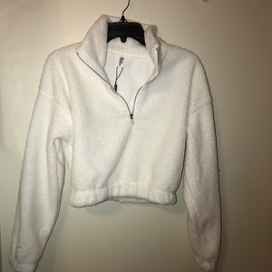 Women's white fuzzy half zip crop top sweater size small is being swapped online for free