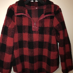 Women's black & red plaid half zip fuzzy sweater size small is being swapped online for free