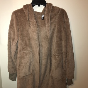 Women's light brown fuzzy cardigan with hood and pockets size small is being swapped online for free