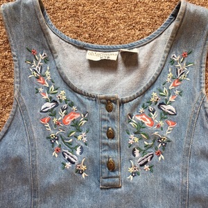 Plus size vintage denim pinafore with embroidery is being swapped online for free
