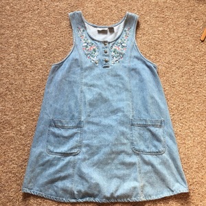 Plus size vintage denim pinafore with embroidery is being swapped online for free