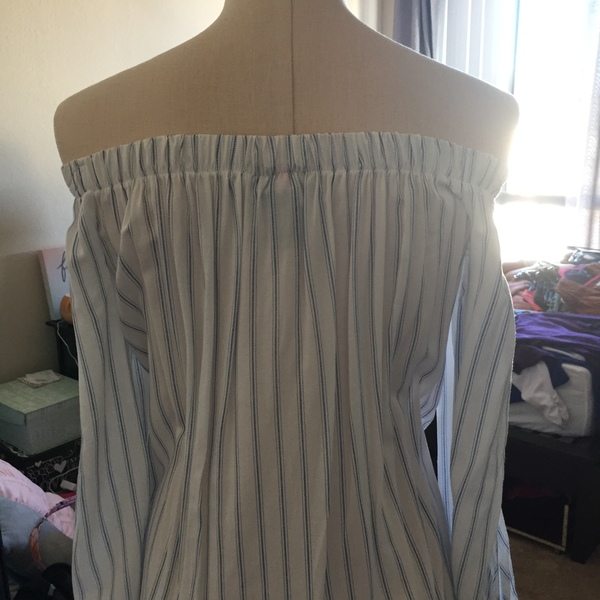 White and Pin Blue Striped Flowy Off the Shoulder Top is being swapped online for free