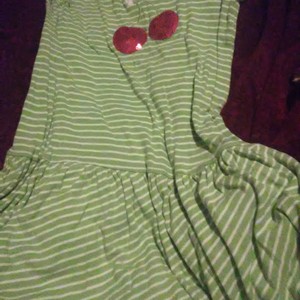 A green and white dress with a charry and a flower is being swapped online for free