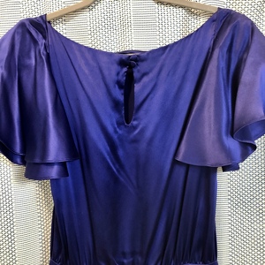 Vintage 1995 Banana Republic Satin Dress gorgeous deep blu/purple with back button neck closure and fitted elastic Waste  is being swapped online for free
